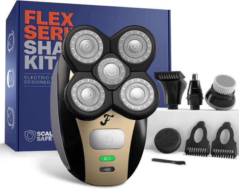 Photo 1 of FlexSeries Head Shavers for Bald Men - Cordless Rechargeable Wet/Dry Skull Bald Head Back & Groin Electric Razor with Rotary Blades, Clippers, Nose Trimmer, Brush, Massager
