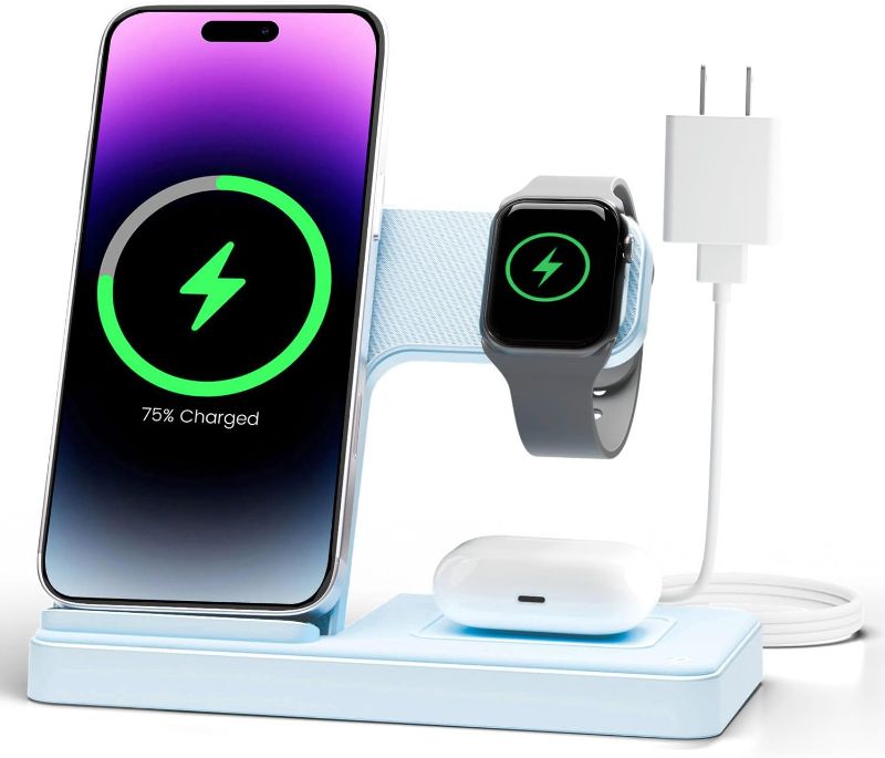 Photo 1 of Wireless Charger Stand Charging Station: 3 in 1 Charger Multiple Devices for Apple iPhone 16e 16 15 14 Pro Max 13 12 11 for Watch 10 9 8 7 6 5 4 3 2 SE and Ultra Series for Airpods 4 3 2 Pro,Blue
