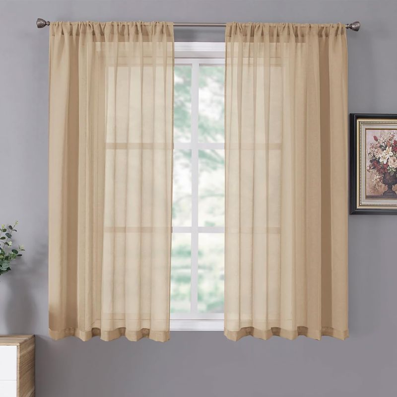 Photo 1 of Tollpiz Short Sheer Curtains Linen Textured Bedroom Curtain Sheers Light Filtering Rod Pocket Voile Curtains for Living Room