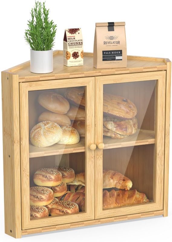 Photo 1 of BAMBANG Corner Bread Box for Kitchen Countertop, Double Layer Bamboo Bread Storage Container with 2 Doors, Farmhouse Large Bread Bin Counter Top, Wooden Breadbox Holder for Homemade Bread, Natural
