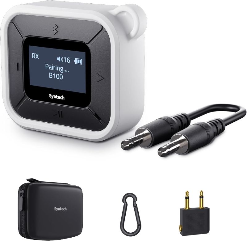 Photo 1 of Syntech Airplane Bluetooth Transmitter Receiver for Airpods or Headphones, LED Display Dual Pairs Low Latency Wireless Bluetooth 5.3 Audio Adapter with Extra Dual 3.5mm AUX Adapter for Flight Car
