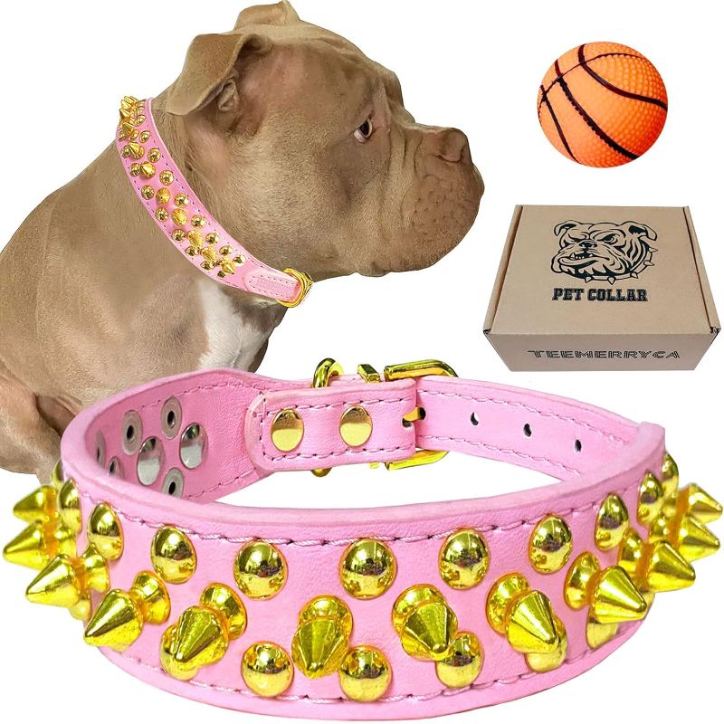 Photo 1 of (L) TEEMERRYCA Pink Leather Gold Spiked Studded Dog Collar for Female Puppy Small Medium Large Pets, Pit Bulls Bulldog, Keep Dog Safe from Grabbing by Huge Dogs, L(15"-18.5")
