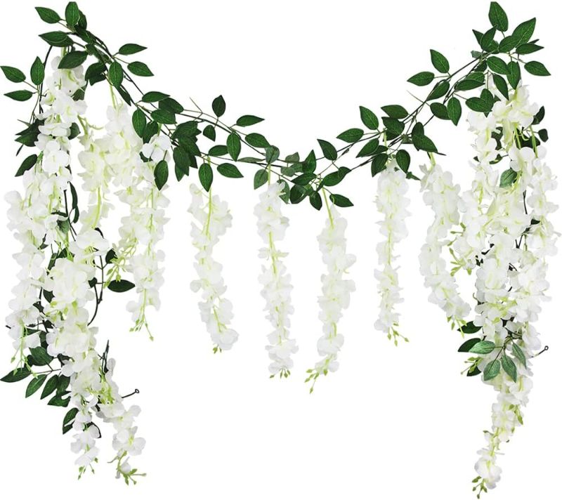 Photo 1 of CISDUEO 1Pcs Wisteria Hanging Flowers Vines White  Wisteria Flowers Vine Garland Artificial Wisteria Vines Hanging Flower Silk for Wedding Arch Party Garden Home Decor Table Backdrop 6 Feet
