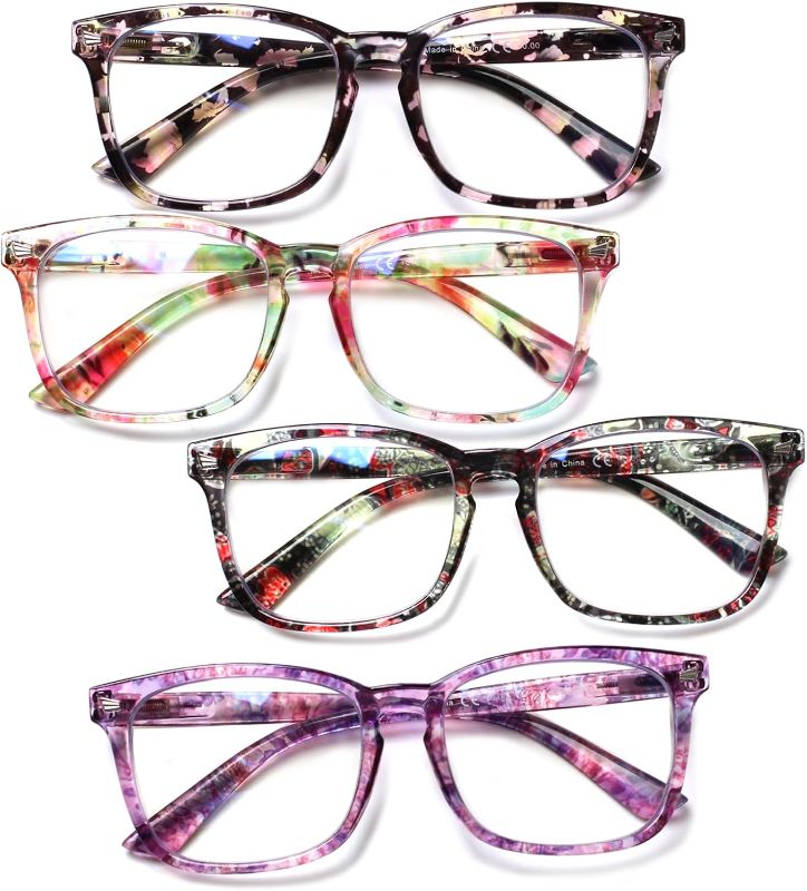 Photo 1 of Henotin 4-Pack Blue Light Blocking Reading Glasses Women Men,Spring Hinge Computer Readers,Anti UV Ray Square Nerd Eyeglasses (Ladies Readers with Pattern Print, 1.25, Diopters)
