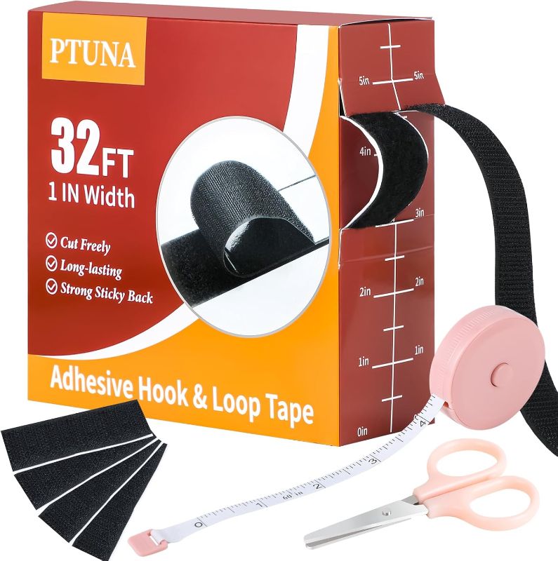 Photo 1 of 32Ft *1 Inch Hook and Loop Tape with Adhesive Back, Heavy Duty Double Sided Adhesive Strips, Strong Sticky Strips Roll for Home/Office/School/Car, Black
