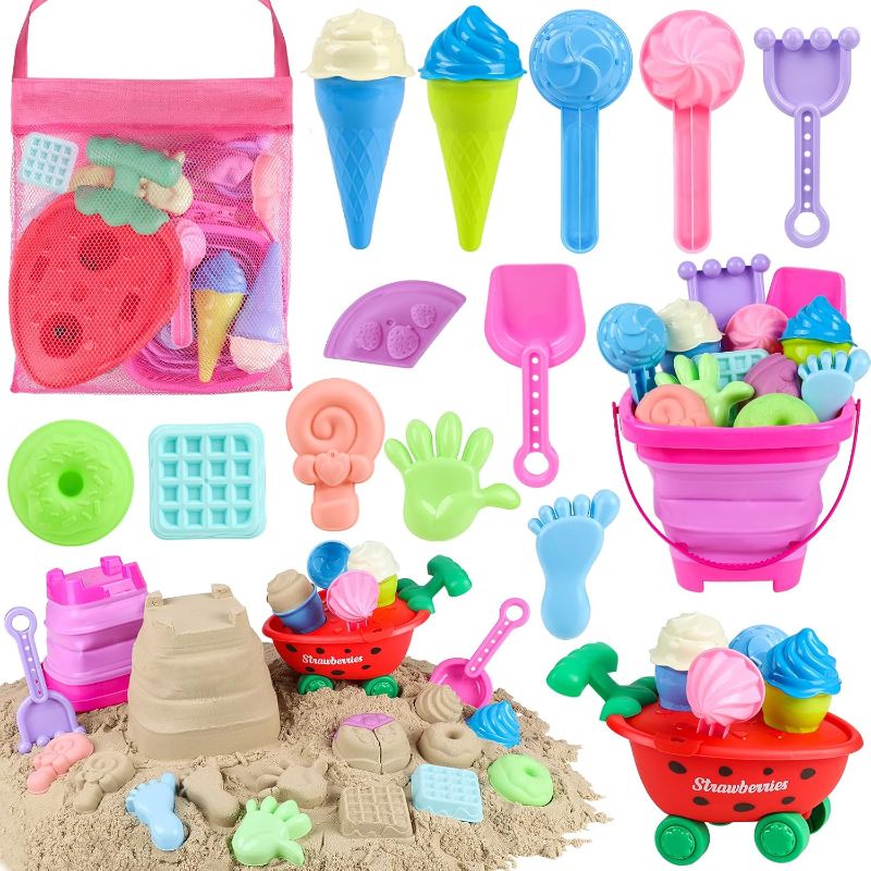 Photo 1 of Beach Toys, Ice Cream Sand Toys with Collapsible Beach Bucket, Ice Cream Scoop and Cart, Sand Molds, Mesh Bag, Summer Outdoor Travel Toys for Toddlers 3-5
