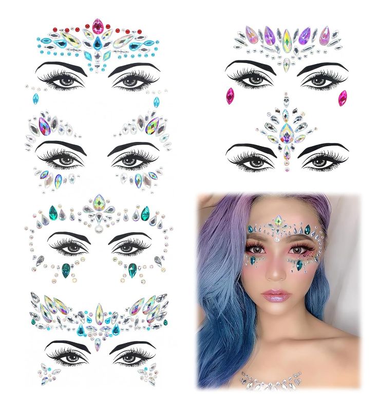 Photo 1 of Face Gems, Mermaid Face Jewels Stick On, Jewels Rhinestones Gems Rave Eyes Body Crystals for Christmas Festival Music Carnival Party Makeup (6 Sets)
