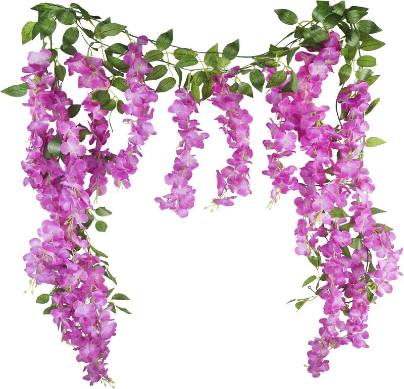 Photo 1 of CISDUEO 2 Pcs Wisteria Hanging Flowers Wisteria Flowers Vine Garland Wedding Arch Decoration Purple Red Artificial Wisteria Vines Hanging Flower Vines Silk for Party Garden Home Table Backdrop 7 Feet
