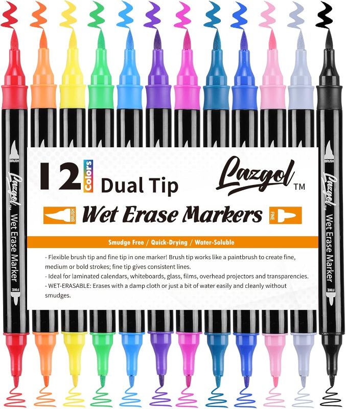 Photo 1 of Wet Erase Markers Dual Tip, Lazgol 12 Assorted Colors, Dual Tip Brush & Fine Overhead Transparency Smudge Free Markers for Dry Erase Whiteboard, Refrigerator Calendars, Glass, Films and Any Kind of
