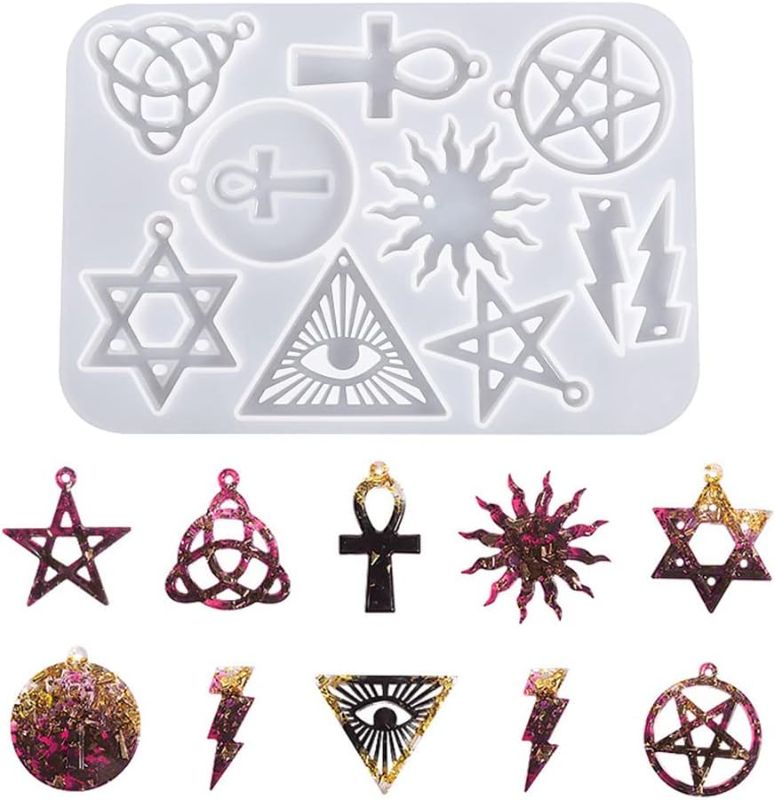 Photo 1 of Pendant Resin Molds Jewelry Casting Molds Pentagram Sun Ankh Cross Hexagram Lightning Silicone Mold Geometry Pendants Crystal Mold with Hole for DIY Crafts Keychain Earring Charms
