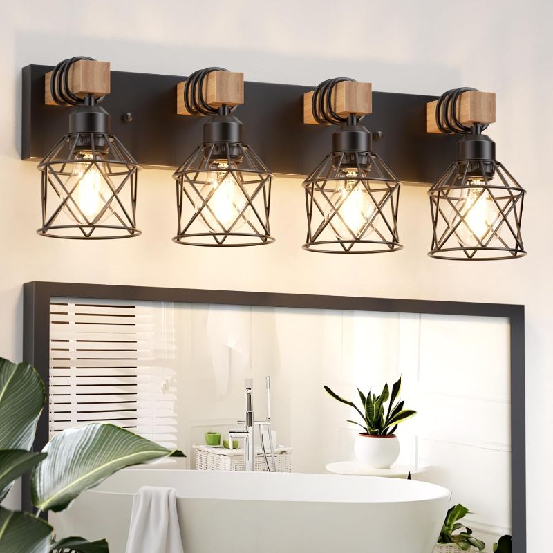 Photo 1 of Farmhouse Vanity Light for Bathroom, 4-Light Wood Bathroom Vanity Light Fixtures Over Mirror, Black Rustic Wall Sconce with Cage Metal Lampshade, Vintage Wall Lights for Bedroom, Living Room, Hallway
