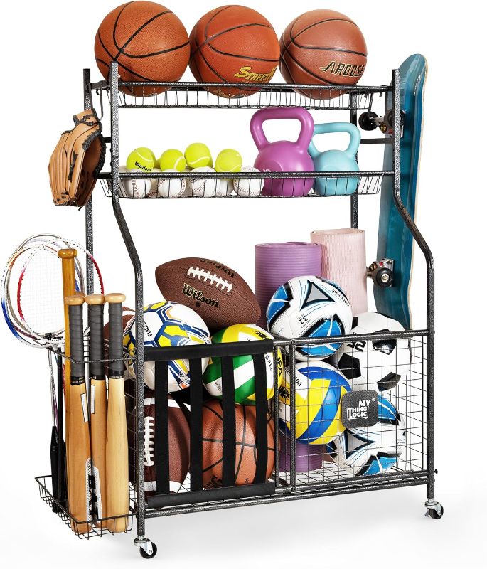 Photo 1 of Mythinglogic Garage Sports Equipment Organizer with Hooks and Baskets, Large Capacity