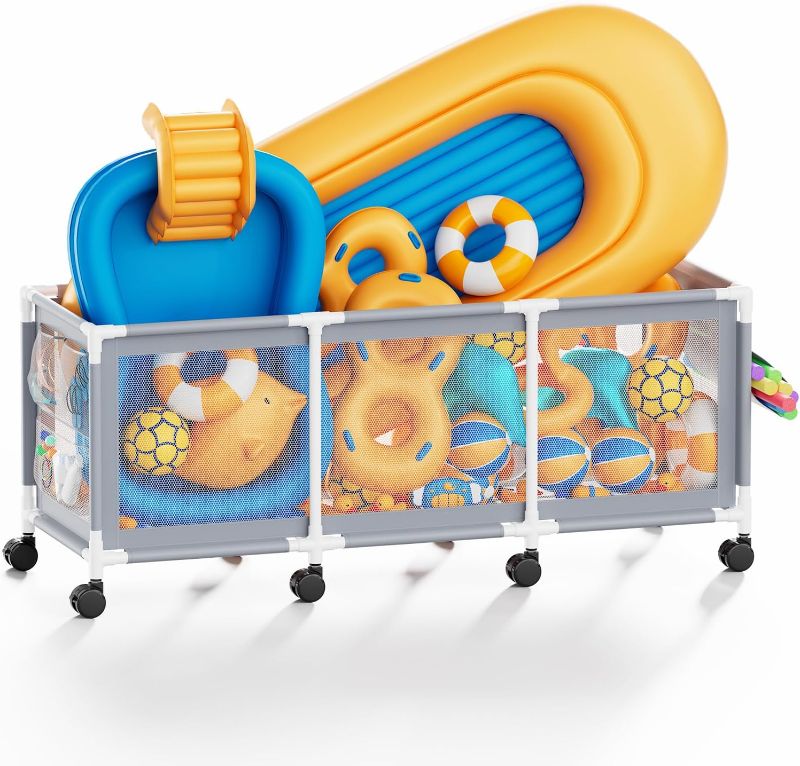 Photo 1 of 365 Gallon 103" L Extra Large Swimming Pool Storage Bin, Pool Noodles Holder, Toys, Floats, Balls and Floats Equipment Mesh Rolling Storage Organizer Bin, 103" Lx32 Wx35 H (Gray)
