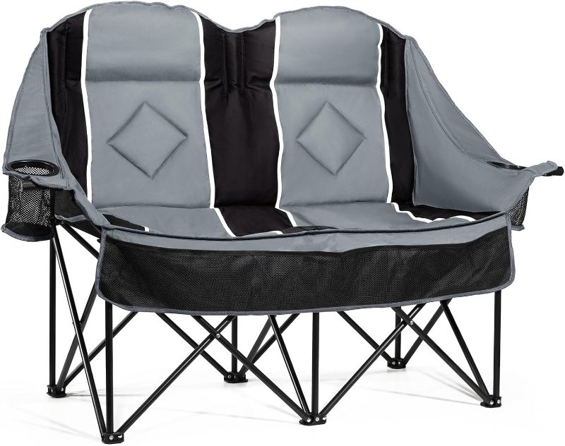 Photo 1 of Oversized Double Camping Loveseat Chair for Adults, XL Heavy Duty 2 Person Comfy Couch with Cup Holders & Storage Pocket, Folding Portable Outdoor Chair for Camp, Yard, Fishing, Lawn,Tailgating
