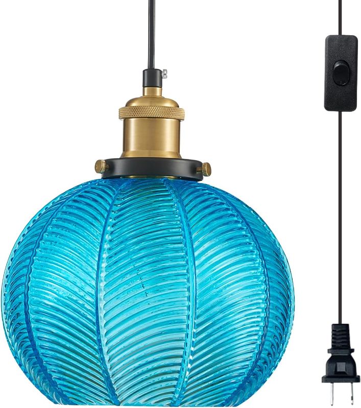 Photo 1 of Retro Striped Glass Round Ball Pendant Light Blue
