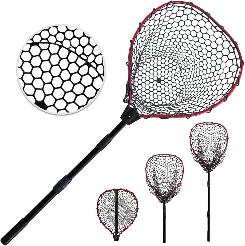Photo 1 of Red Telescoping Fishing Net Aluminum Alloy Rubber Fish Net - Adjustable Length Lightweight Foldable Fishing Gear and Large Fishing Net with Handle Collapsible Extendable Fishing Accessories
