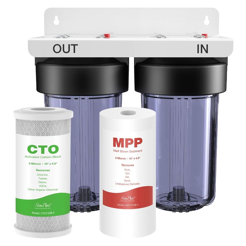 Photo 1 of SimPure Whole House Water Filter System, 2 Stages Clear Home Water Pre-Filtration with Carbon and Sediment Filters, Reduce Odor, Chlorine, Taste, Iron, Lead, 1" NPT Brass Port, BPA Free(DB10C-2)
