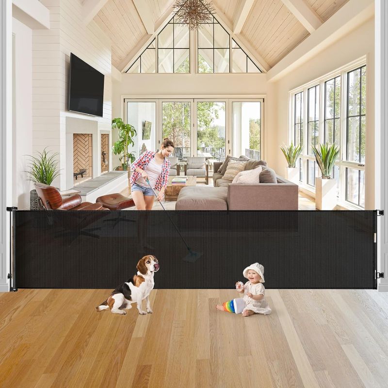 Photo 1 of 125 Inch Retractable Baby Gates Extra Wide Dog Gates for Large Openings Mesh Baby Gate Extra Long Pet Gates for Dogs Super Large Child Safety Gates for Doorways/Stairs/Decks, Black
