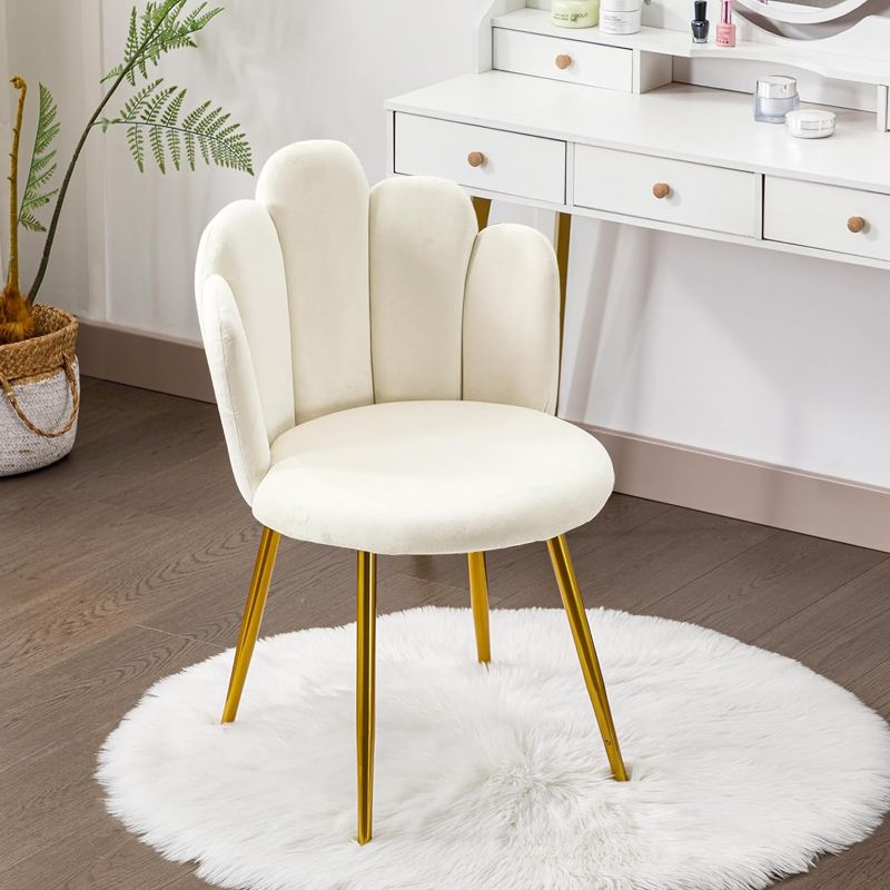 Photo 1 of Vanity Chair for Makeup Room - Midcentury Modern Accent Chair for Living Room Bedroom, Makeup Chair with Back Support Velvet Chair with Gold Legs (Cream)
