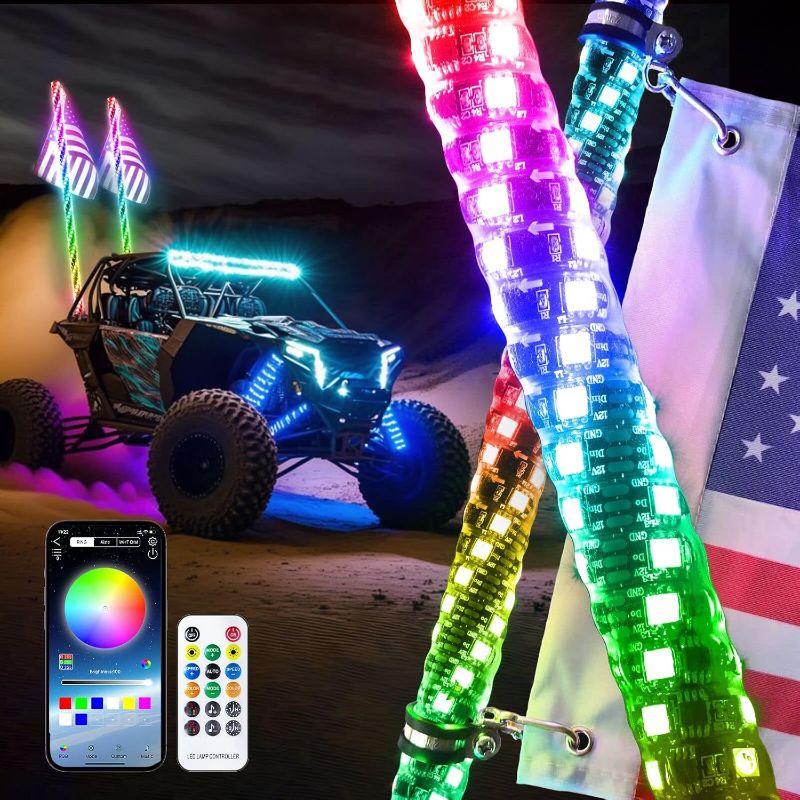 Photo 1 of 3FT-2PC LED Whip Lights for UTV RGB Chasing/Dancing Light Remote Control APP-Supported, 600+ Color Mode Combinations, RGB Chasing Lighted Antenna Whips for UTV, ATV, Truck, Dune Buggy
