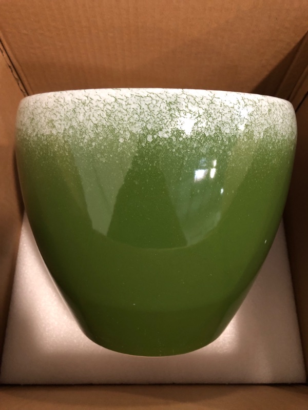 Photo 1 of 10 Inch Plant Pot - Ceramic Planters for Indoor Plants Outdoor, Large Planter with Drainage Hole and Saucer, Decorative Round Flower Pots, Garden House Decor, Gifts for Plant Lovers, Green
