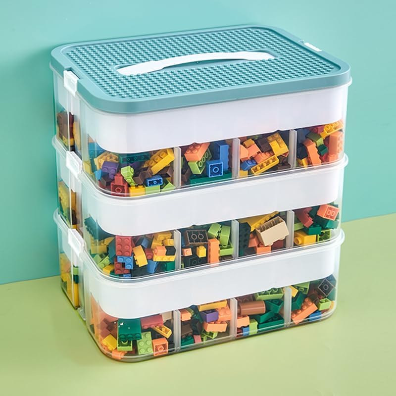 Photo 1 of Toys Organizer Storage Case for Lego Box Kids Toy Stackable Building Blocks with Lids Bins Adjustable Lego Storage Containers Plastic Toy Box 3 Layer (Green)

