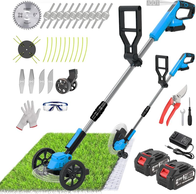 Photo 1 of Cordless  Wacker Eater Battery Powered, 21V Lightweight Electric Weed Trimmer with 2 Battery Operated & Charger& Wheels & Shears, No-String Grass Trimmer/Brush Cutter/Lawn Edger for Yard Garden