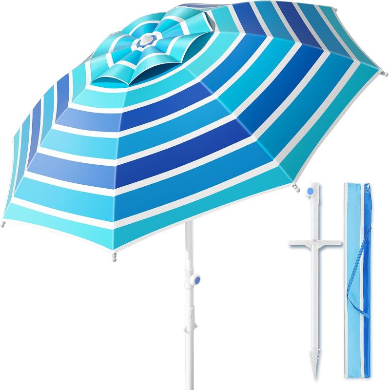 Photo 1 of 8FT Large Beach Umbrella with Heavy Duty Sand Anchor & Tilt Sun Shelter, Wind Resistance, UPF50+ UV Protection, Waterproof Canopy, Portable for Beach Outdoor Patio Yard Garden Pool
