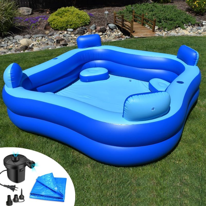 Photo 1 of Rukala™ Inflatable Pool with Seats and Headrests 8' x 8' - Bundle - Electric Pump Included - Protective Tarp Included