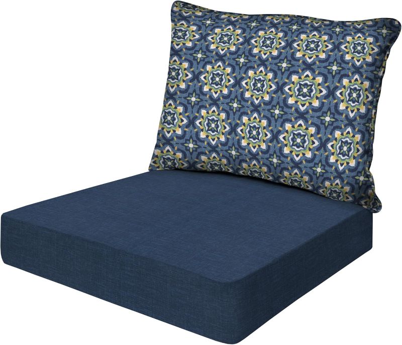 Photo 1 of 4 Piece Honeycomb Outdoor Essentials Deep Seat, 24 x 24, Medina Medallion Blue Chair Cushion for Patio Furniture