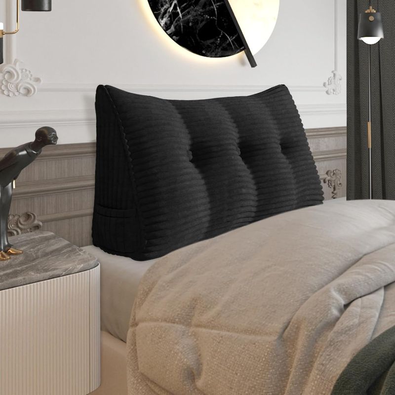Photo 1 of Fully Stuffed Thicken Headboard Pillow Twin Padded Headboard Soft and Firm Support Large Bolster Triangular Bed Wedge Pillow Backrest Positioning Bed Rest Reading Pillows for Bed Corduroy Black
