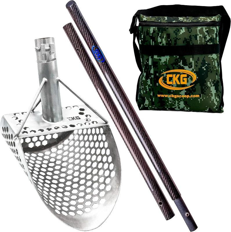 Photo 1 of CKG Sand Scoops for Beach Metal Detecting Stainless Steel Beach Metal Detecting Shovel Underwater Treasure Hunting, Metal Detector Accessories(Bag + Scoop + Carbon Fiber Handle), (9x6 + Handle)
