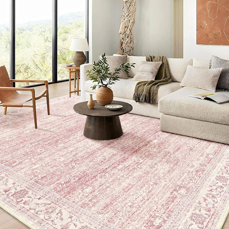 Photo 1 of 8x10 Area Rugs Washable, Pink Large Rugs for Living Room Bedroom Dining Room Office, Ultra Thin Soft Boho Rug Non Slip, Vintage Distressed Carpet Floral Rug for Home
