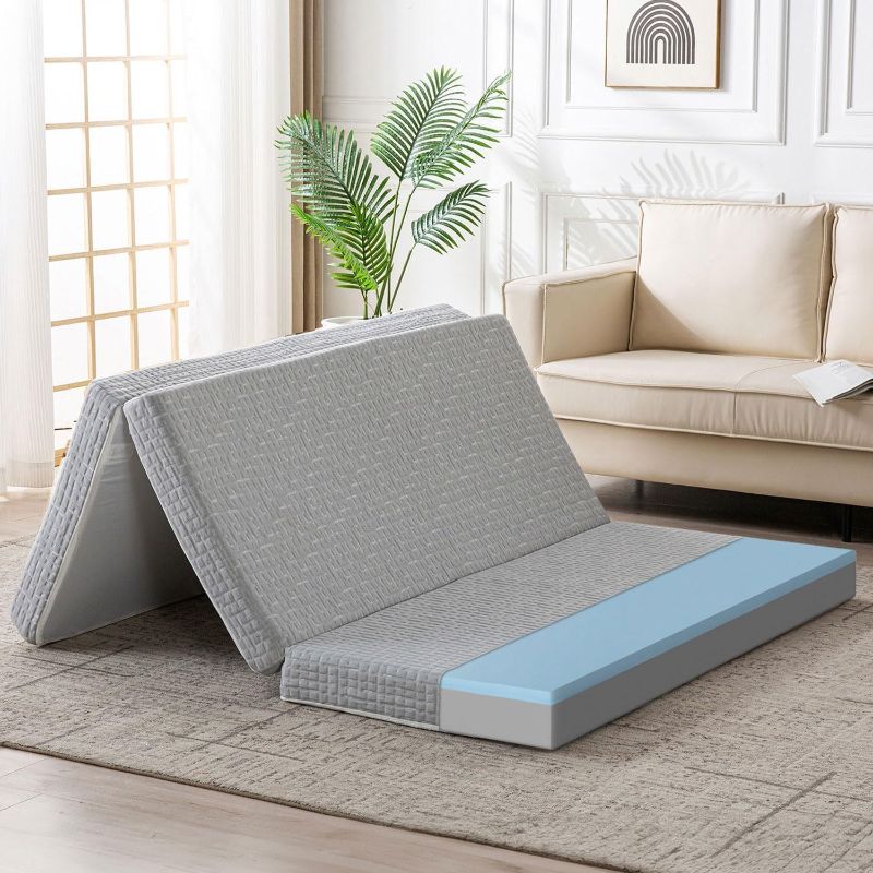 Photo 1 of Foldable Mattress, 4 Inch Memory Foam Guest Floor Mat, Tri Folding Portable Mattress for Toddlers and Adults, Washable Cover, Non-Slip Design, Queen Grey (Size: 60" L x 80" W x 4" Th)
