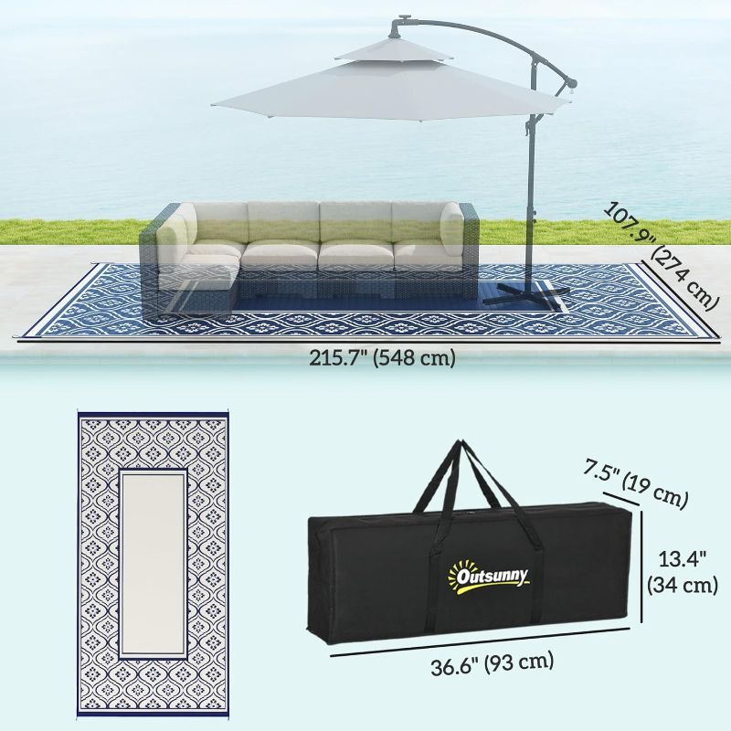 Photo 1 of Outsunny Outdoor Rug 9' x 18' Plastic Straw Area Carpet Mat, Blue & White
