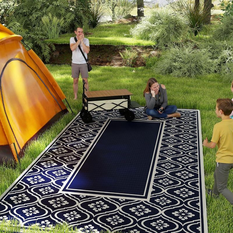 Photo 1 of Outsunny Outdoor Rug 9' x 18' Plastic Straw Area Carpet Mat, Blue & White