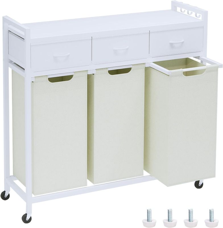 Photo 1 of Laundry Hamper, Laundry Sorter 3 Section, Rolling Laundry Basket with Wheels, 3 Drawers, 3 × 14.5 Gal (55 L), Pull-Out and Removable Oxford Fabric Bags, White and Beige
