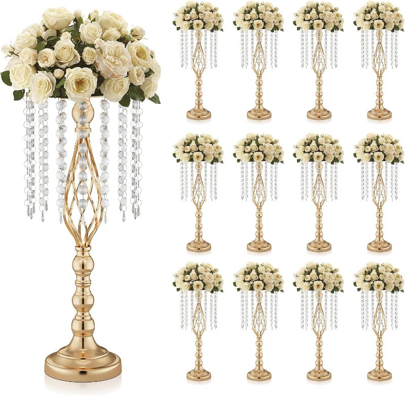Photo 1 of 12 Pcs 21.7 Inch Tall Gold Centerpieces For Table Wedding-Metal Flower Gold Vases For Centerpieces For Wedding Reception With Crystal Fringe-Flower Stand For Wedding, Birthday(Centros De Mesa)
