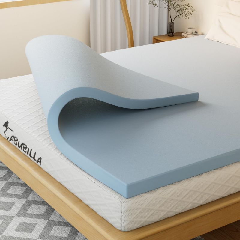 Photo 1 of Mattress Topper Queen,2 Inch Queen Size Memory Foam Mattress Topper,Cooling Gel Soft Mattress Relieves Back Pain,CertiPUR-US Certified,Light Blue
