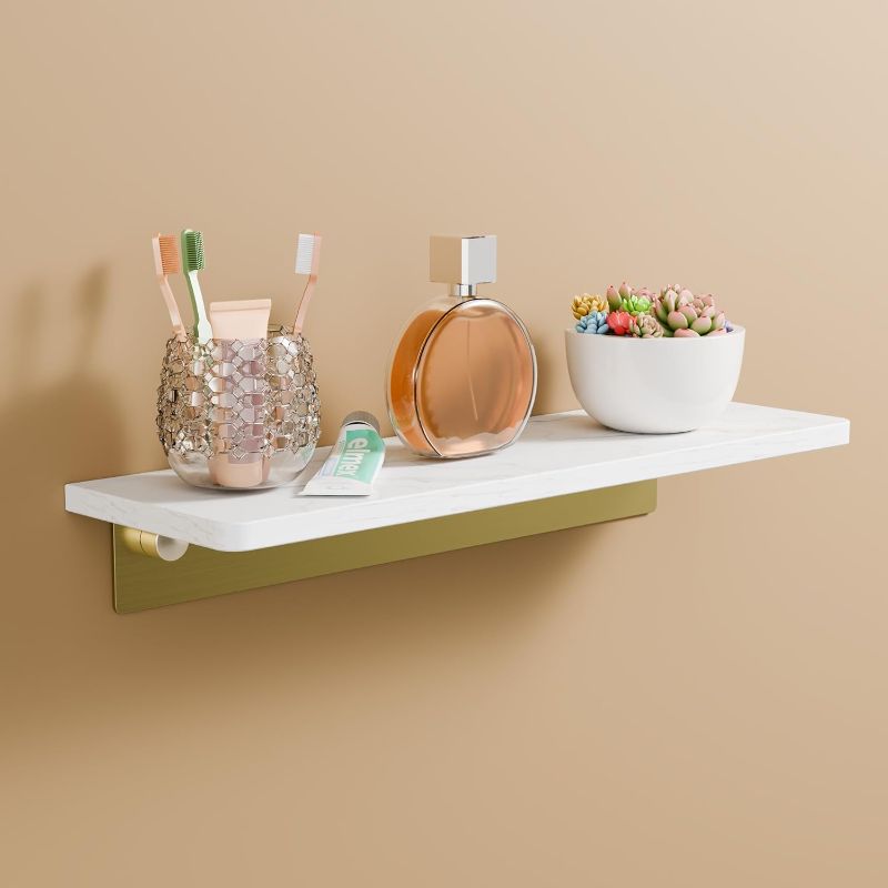 Photo 1 of Marble Wall Floating Shelves, Modern Bathroom Organizer, White & Gold Polished Shower Shelf, Rustic Shelf for Bathroom, Shower Room, Living Room, Kitchen, Bedroom
