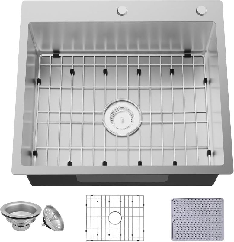 Photo 1 of 25x22 Inch Stainless Steel Kitchen Sink - Drop In Single Bowl Topmount Kitchen Sink Come With Bottom Grid, Silicon Mat And Drain Assembly Set Stylish and Modern Look Add Elegance & Enhance Usability
