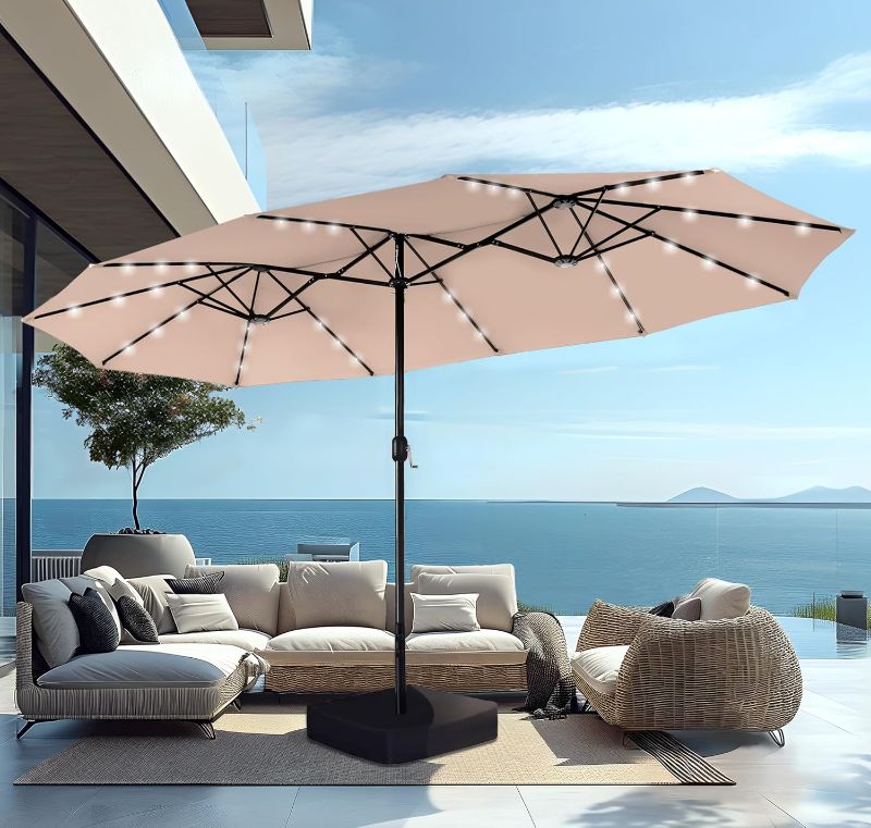 Photo 1 of PHI VILLA 15ft Large Patio Umbrella with Base & Solar Lights, Double-Sided Outdoor Rectangle Umbrellas with 36 LED Lights, Umbrella for Outside with Stand, Beige
