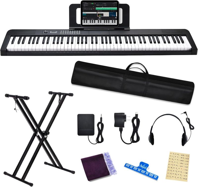 Photo 1 of 88 Key Digital Piano Electric Keyboard, 88 Key Keyboard Piano for for Beginner, with Power Adapter, Sustain Pedal, Stand, Bluetooth, Carrying Case, Headphones, USB-MIDI, for at Home/Stage
