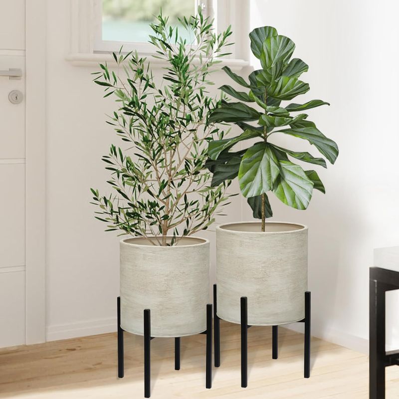 Photo 1 of ARNIS Modern Plant Pots, Set of 2 Large Planters with Stand, Decorative Planters, Metal Pots with Drainage Holes for Living Room, Office, Garden or Balcony, 8.25 &10.5 Inch, Dirt

