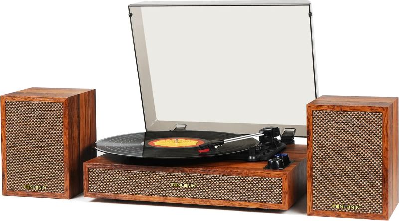 Photo 1 of Vinyl Record Player with External Speakers, 3 Speed Bluetooth Turntable for Vinyl Records, Vintage Belt Drive Record Player with Stereo Speakers and Auto Stop, RCA Audio Out and Aux-in,Light Wood
