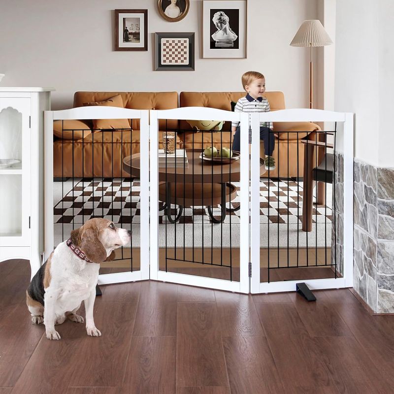 Photo 1 of ZJSF Freestanding Dog Fence Indoor, Foldable Dog Gate for Doorways, Stairs or Hallways, Sturdy Wood Extra Wide Pet Gate with Support Feet for The House, White, 32 "Height-3 Panels
