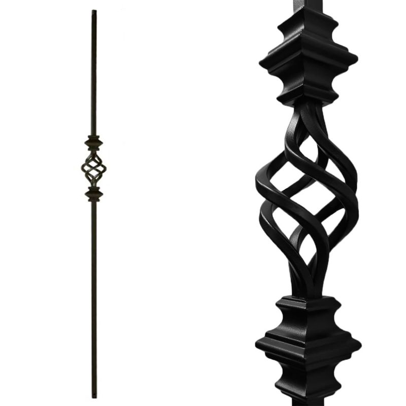 Photo 1 of Stair Railing Metal Spindles (Contractor Pack of 10) Hollow Single Basket with Two Knuckles Iron Baluster - Real Satin Black not Matte Metal Spindles 1/2" x 44" Tall
