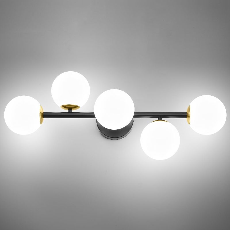 Photo 1 of Mid Century Modern Bathroom Vanity Lights, 5-Light Bathroom Light Fixtures Black and Gold Bathroom Lights Semi-Flush Mount Ceiling Light, Wall Sconces Wall Light with Globe Frosted Milk Glass, G9 Base

