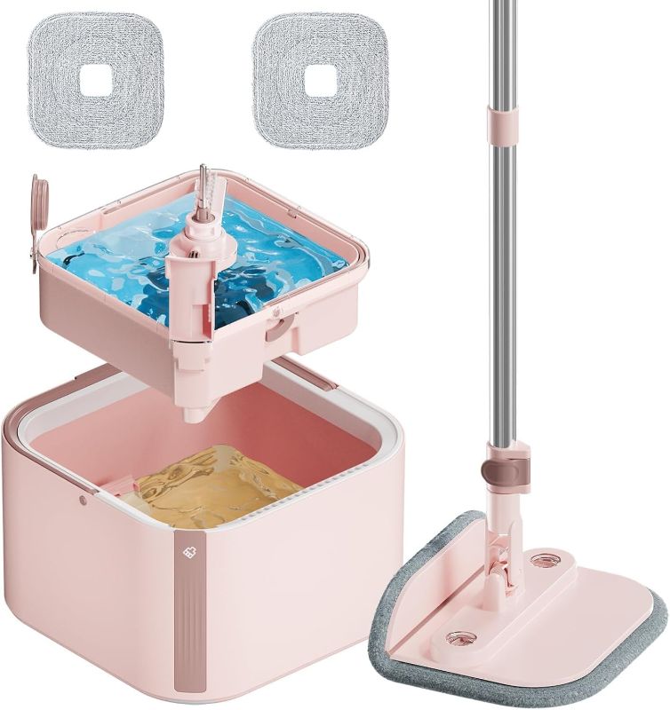 Photo 1 of KZKR Square Spin Mop and Bucket Set with Self Separation Dirty and Clean Water System,Self Wringing 360° Rotating Mops Head for Home Floors Cleaning (2.0 mop Bucket Set with 2 Pads)
