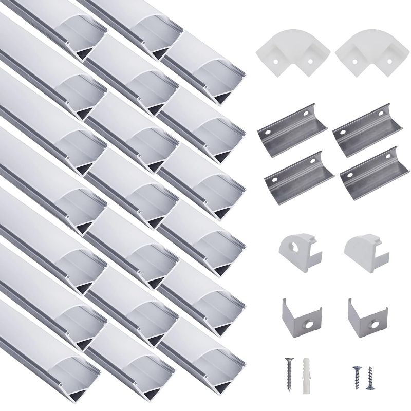 Photo 1 of Hunhun 20-Pack 3.3ft/1Meter V Shape LED Aluminum Channel System with Milky Cover, End Caps and Mounting Clips, Aluminum Profile for LED Strip Light Installations, Very Easy Installation
